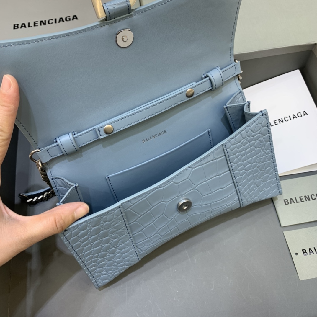 Balenciaga Big Hourglass Wallet With Chain Crocodile Embossed Shoulder Bag Light Blue